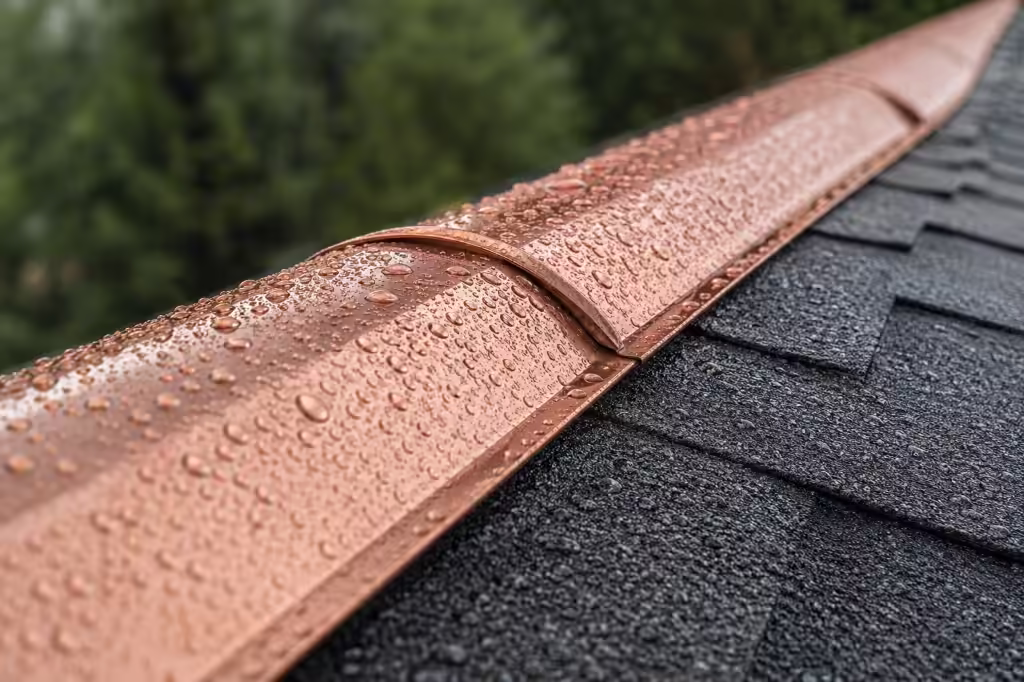 Close-up of copper ridge flashing on dark asphalt shingles with rain droplets for moss prevention
