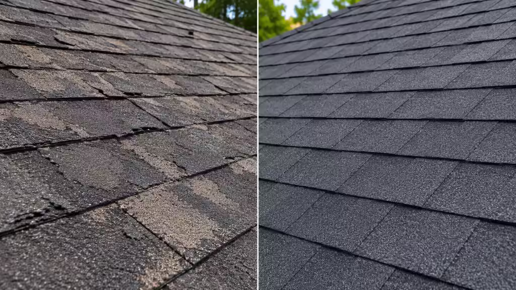 Side-by-side comparison of failing asphalt shingles with granule loss versus brand-new charcoal architectural shingles