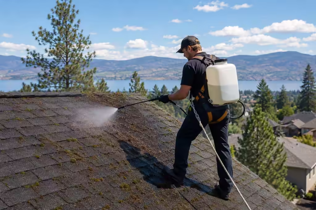 Professional soft-wash technician in a safety harness treating moss on a Kelowna roof overlooking Okanagan Lake