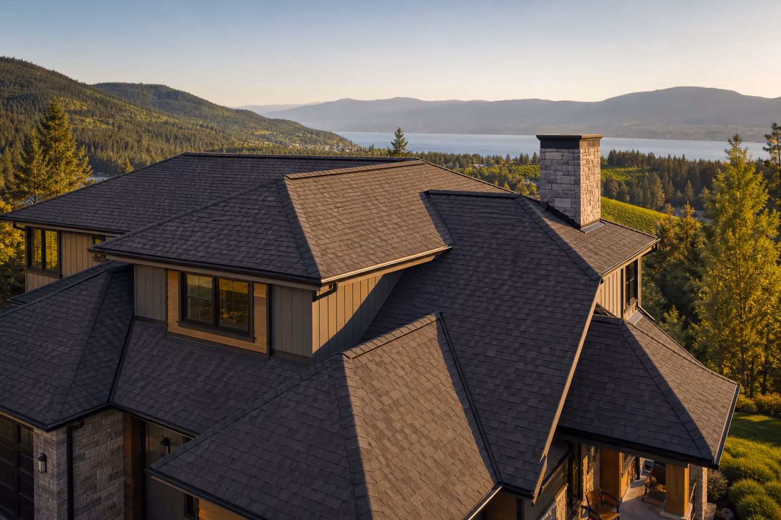 Premium asphalt shingle roof on an Okanagan home with lake and mountain views