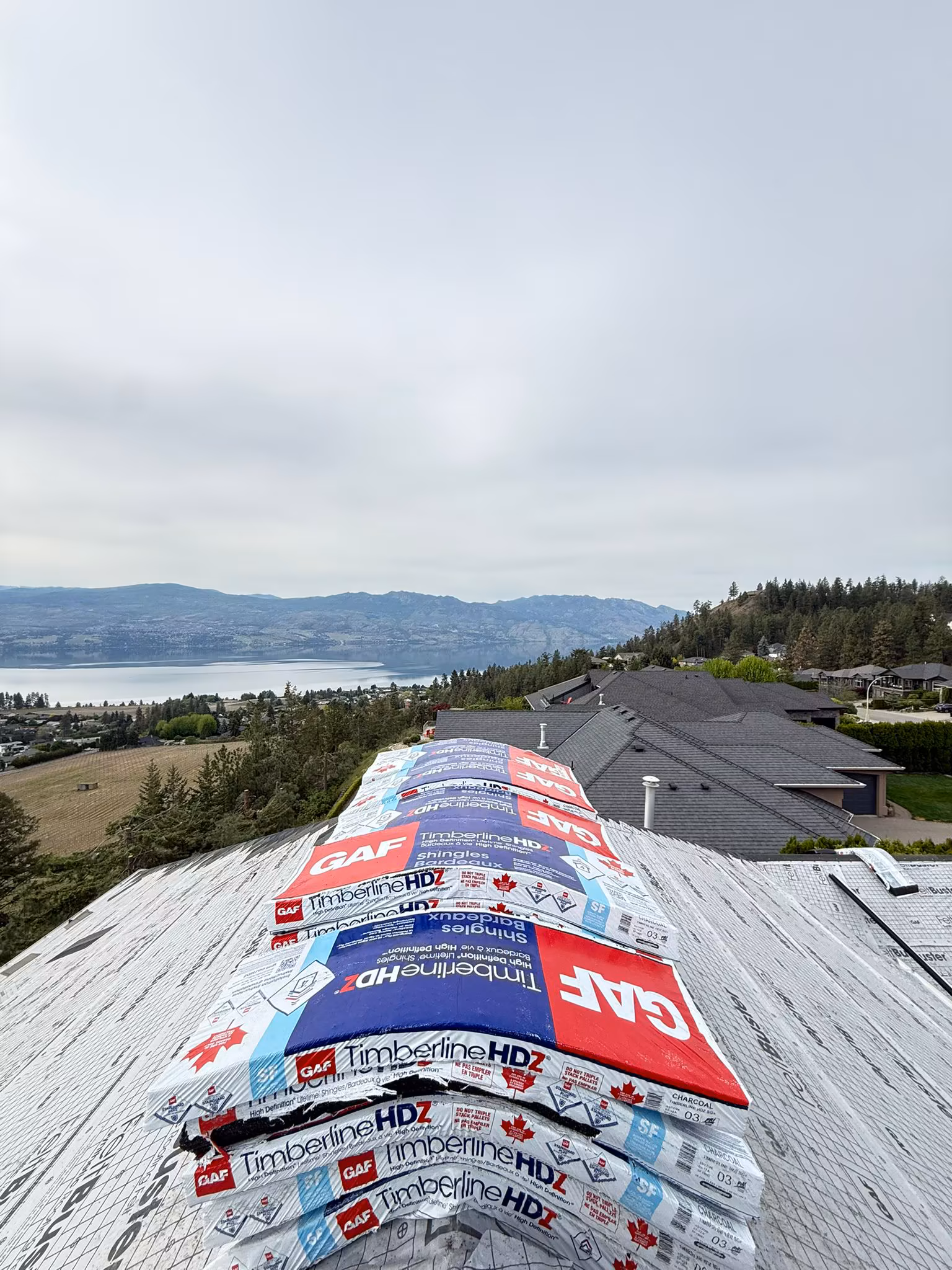 Professional roofing crew at work with proper safety equipment and staging — Kelowna, BC
