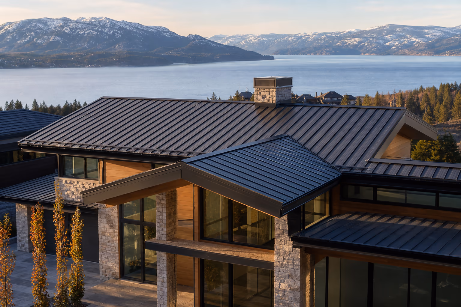 Standing seam metal roof on a contemporary Okanagan home