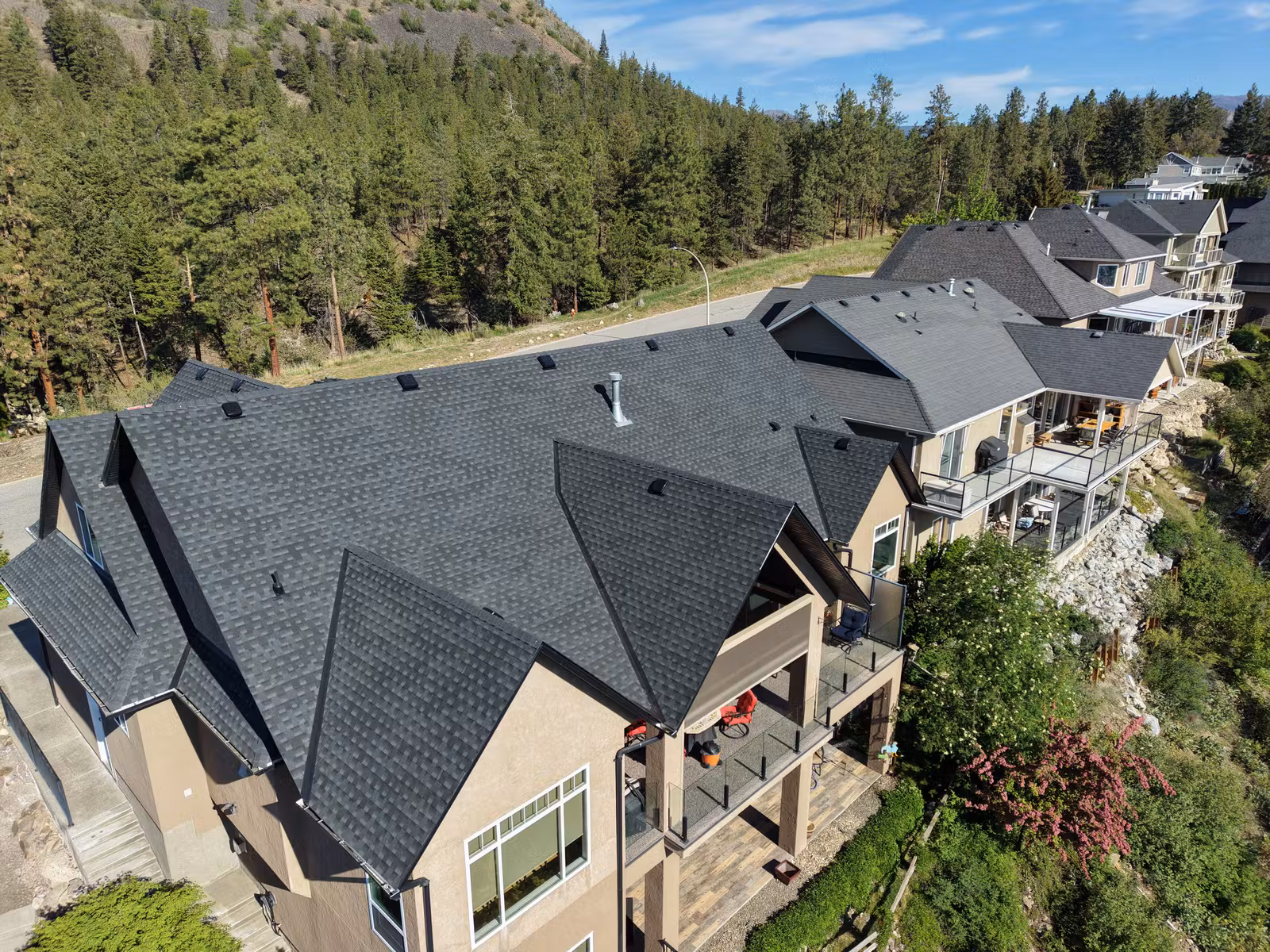 Wide aerial view of intersecting roof slopes on a Lakeview Cove home
