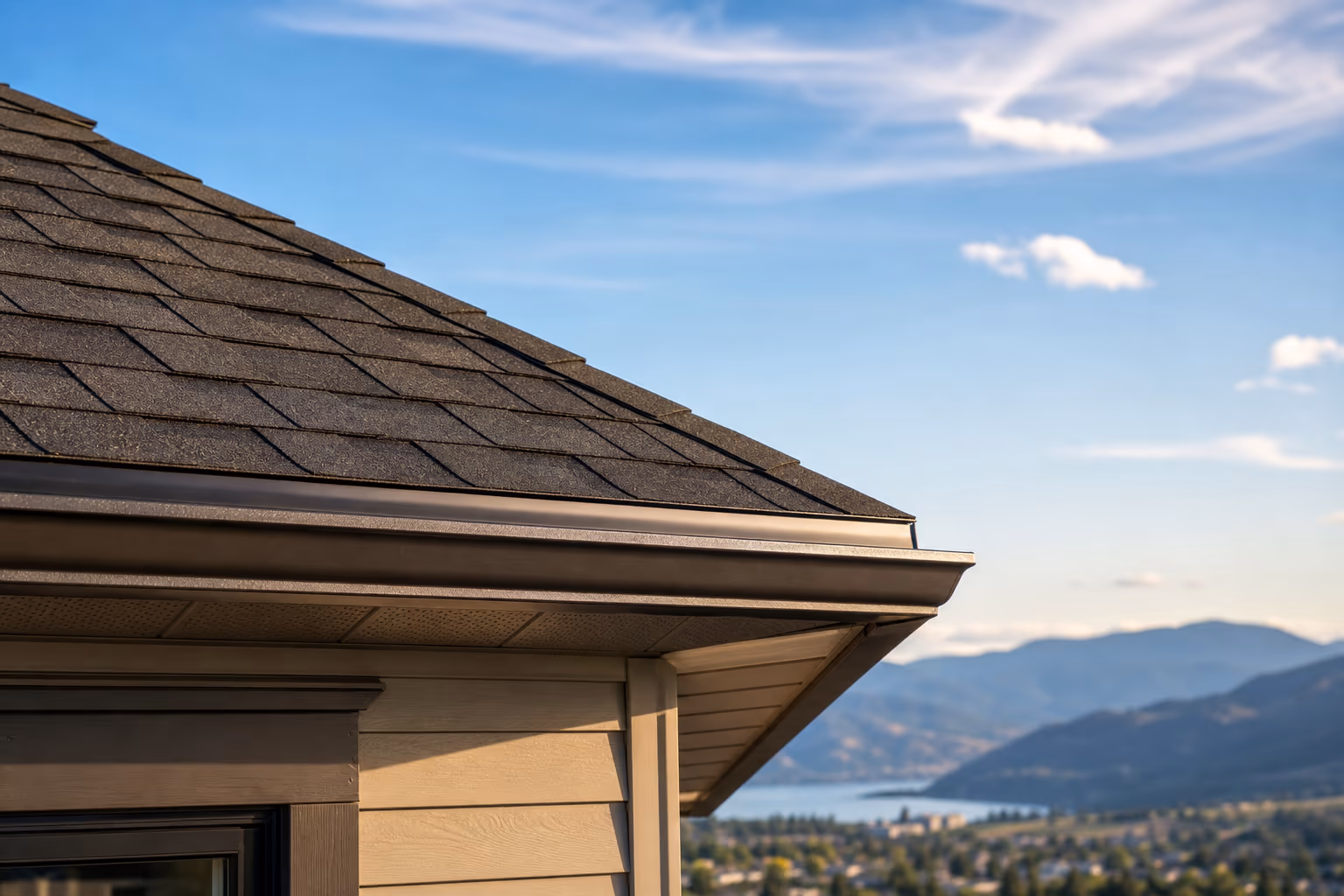 Residential roof edge with clean shingle lines and proper flashing against Okanagan sky